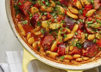 This rustic dish of baked beans and smoked sausages is packed with deep, aromatic flavors