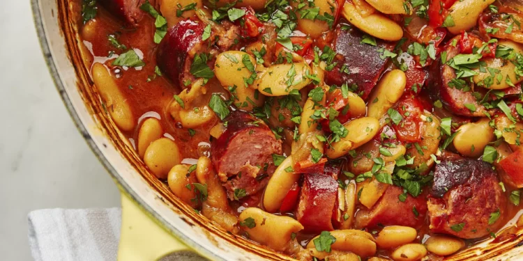 This rustic dish of baked beans and smoked sausages is packed with deep, aromatic flavors